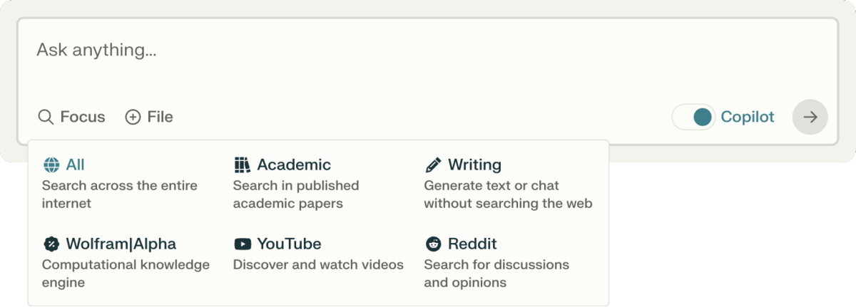 With its Focus function, you can tell Perplexity to search across the entire internet or in specific areas only.