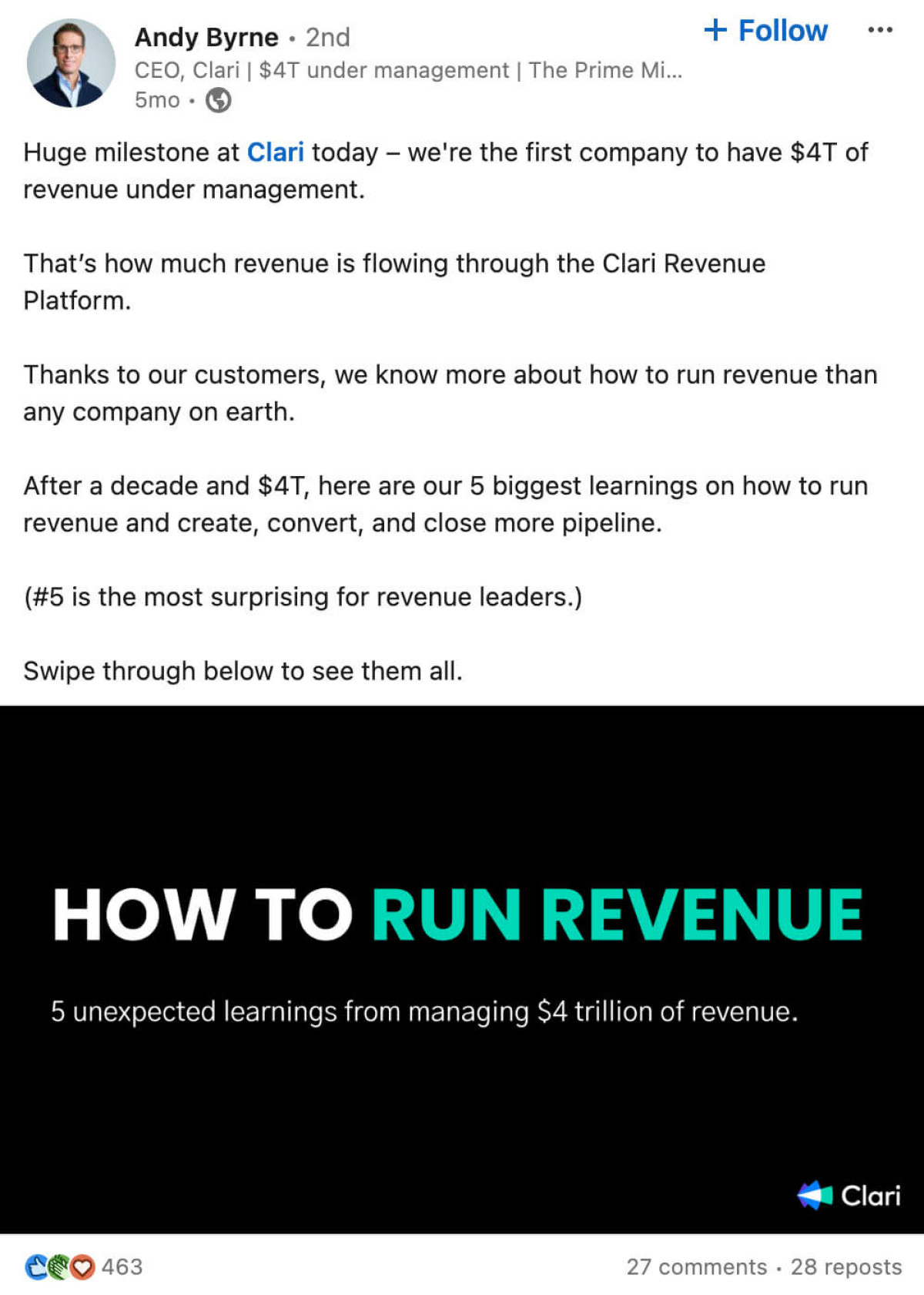 Clari does a great job at tying a usage milestone ($4T in rev.) to a related set of insights they present in a carousel.