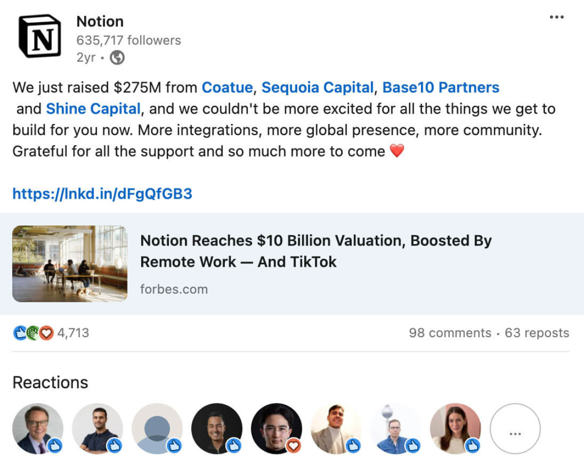 Notion marketed their $275M round well. They kept the social message short — instead of doing bombastic billion bragging — and phrased it in terms of customer benefits.