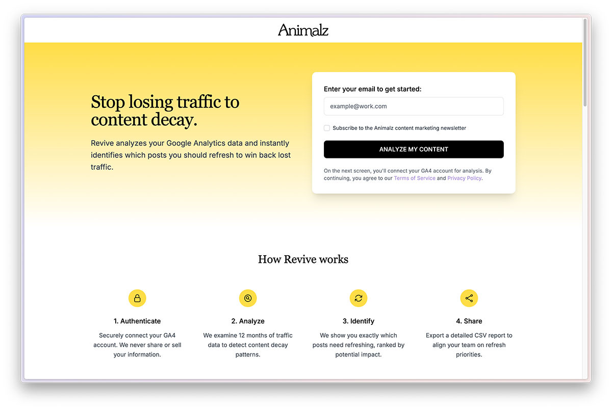 Join 39,000 other people who trust Revive as their go-to content refresh tool. Connect your GA4 account and get your first report instantly.